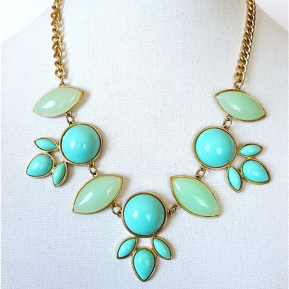 Teal Cabochon Statement Necklace & Earrings Set Gold Tone Chain Jewelry Vintage - Picture 5 of 15